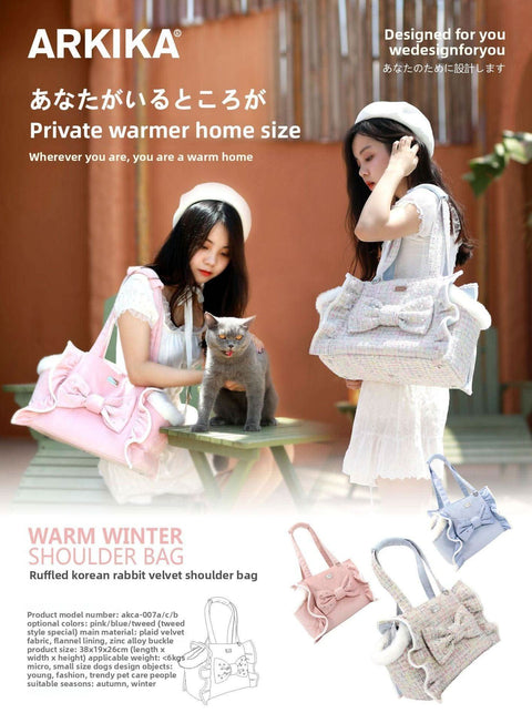 Stylish Ruffle Rabbit Fur Cat Shoulder Bag Portable Outdoor Pet Carrier - petsbene