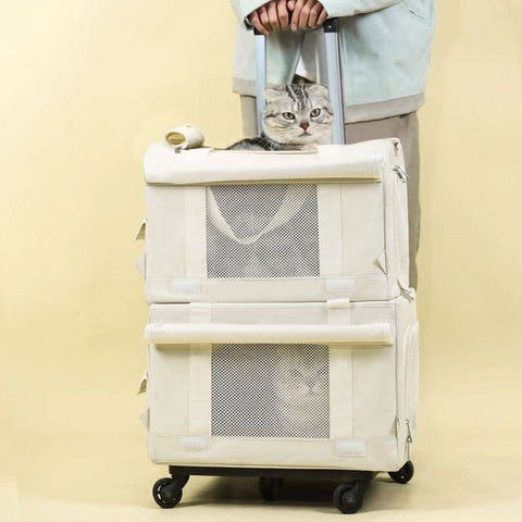 Pet Trolley Case Double Layer Bus Cat Bag Cat Push Pull Box Large Capacity Two Spring Summer Breathable Dog Handbag - petsbene