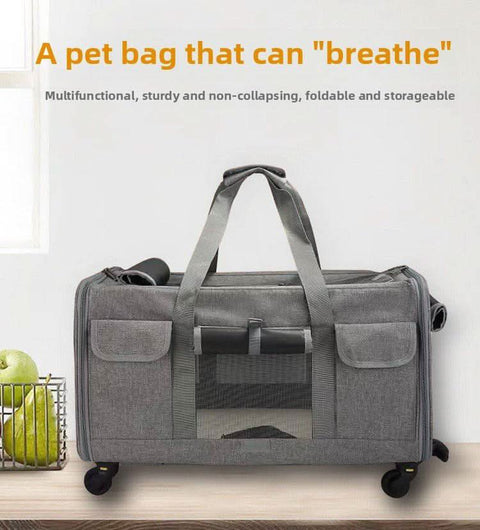 New Cat Travel Bag Portable Pet Suitcase Detachable Wheels Breathable - petsbene