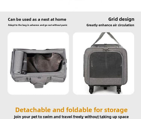 New Cat Travel Bag Portable Pet Suitcase Detachable Wheels Breathable - petsbene