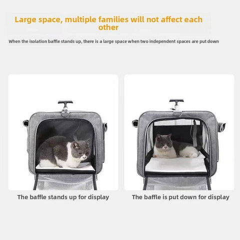 Two compartment cat travel bag with universal Wheels portable large capacity Pet Suitcase - petsbene