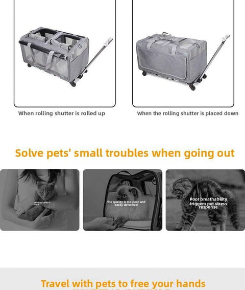 Two compartment cat travel bag with universal Wheels portable large capacity Pet Suitcase - petsbene