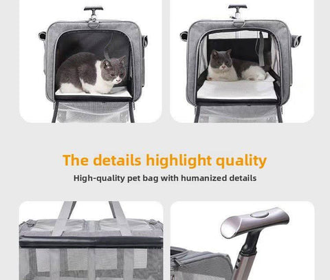 Two compartment cat travel bag with universal Wheels portable large capacity Pet Suitcase - petsbene