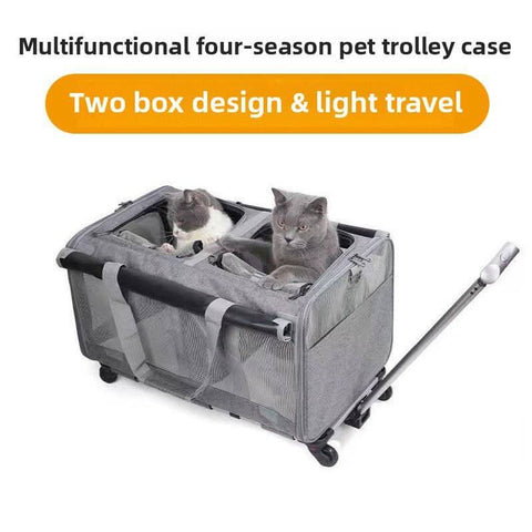 Two compartment cat travel bag with universal Wheels portable large capacity Pet Suitcase - petsbene